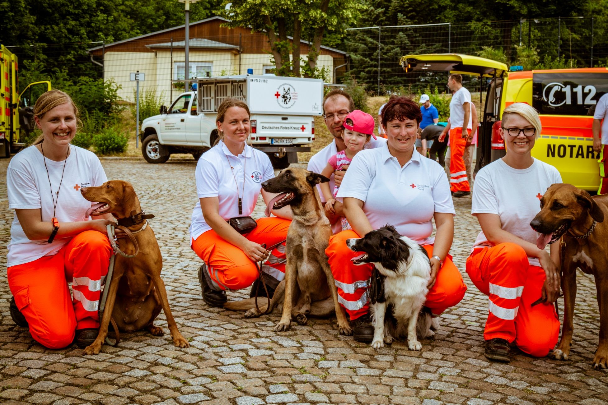 Fünf Ehrenamtliche der DRK Rettungshundestaffel hocken neben ihren Rettungshunden.