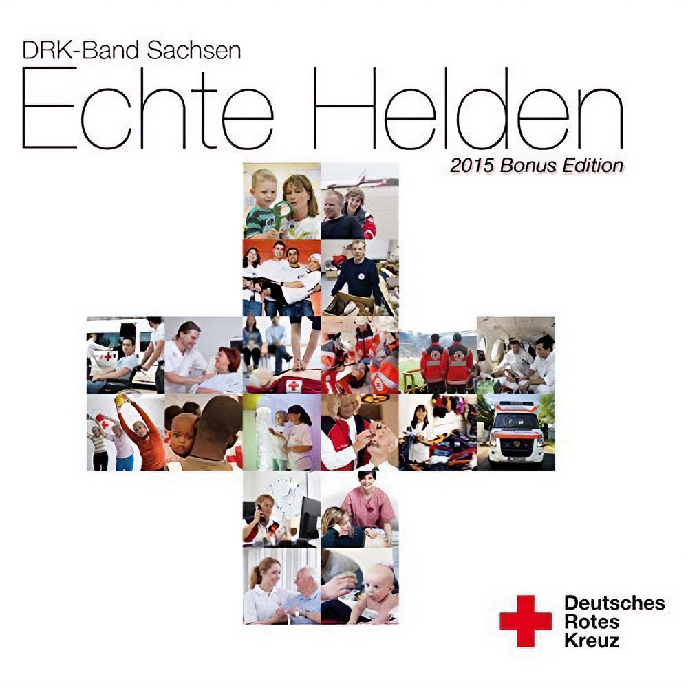 Das Cover des Albums "Echte Helden" der DRK Band zu sehen. Auf weißem Hintergrund ist eine Collage aus kleinen Bildern in Form eines Kreuzes abgebildet.