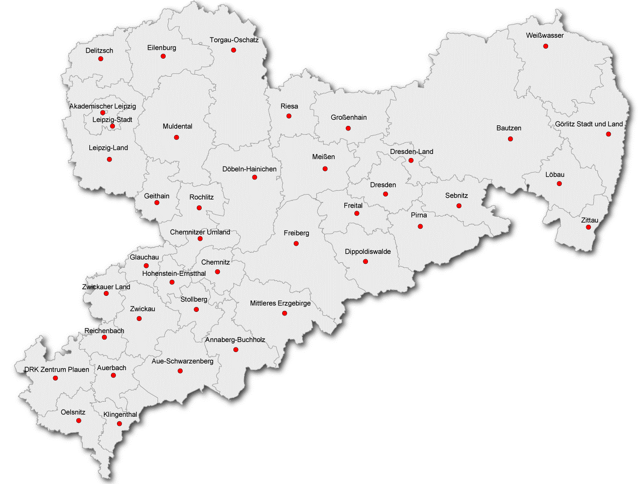 Eine Karte zeigt alle DRK Kreisverbände in Sachsen.