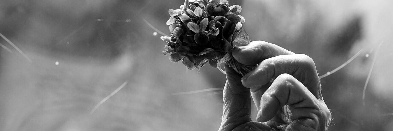 Schwarz-weiß-Aufnahme von einer alten Hand, die eine Blume hält.